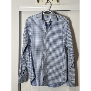 Bugatchi Men's Shirt White Blue Print Comfort Stretch Cotton Size L Clean